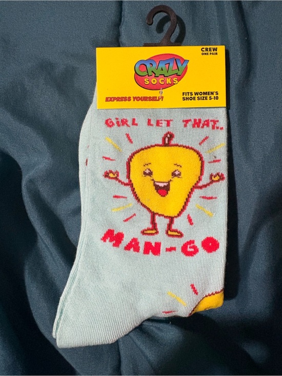 Crazy Socks Other - Crazy Socks - Women Novelty “Let that ‘Man-Go'”Crew Socks Light Blue & Yellow